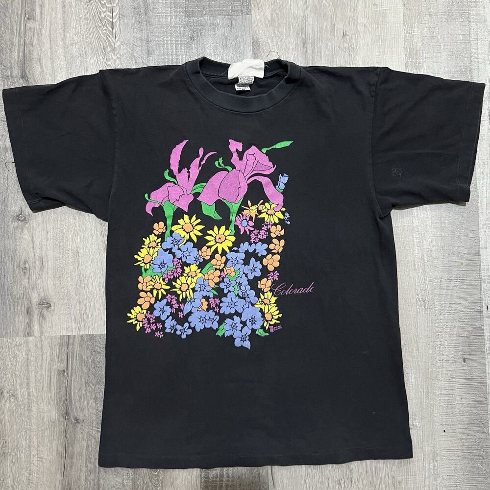 VTG Colorado Floral Travel T Shirt Neon Flowers Black 80s/90s Nature Columbine